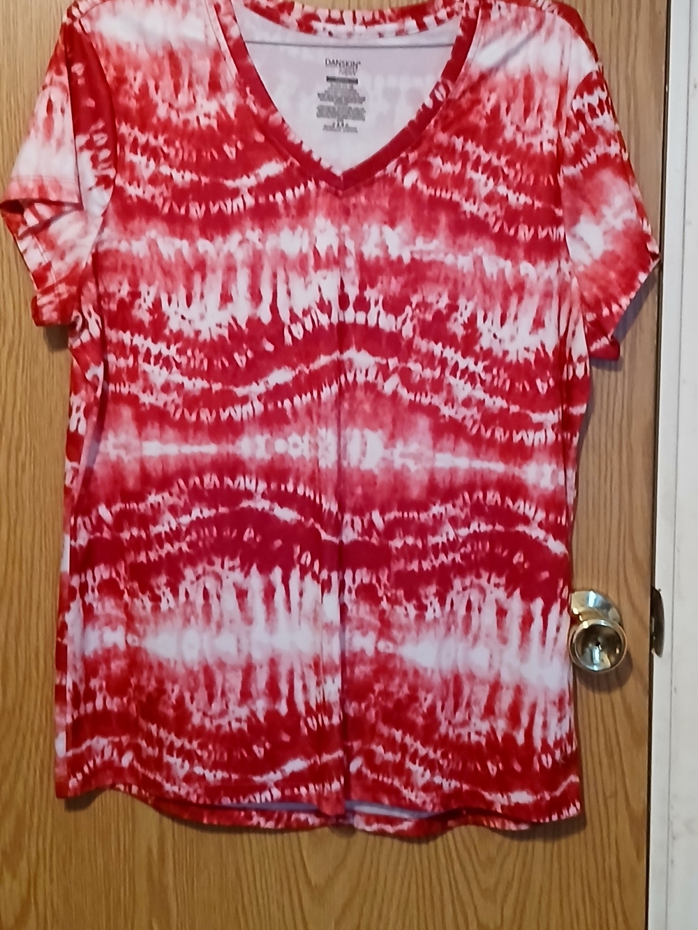 Danskin Red & White V-Neck Tie-Dye Short Sleeve Tee Size XL